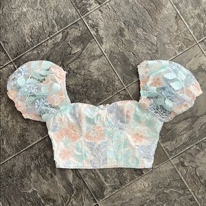 Floral Puff Sleeve Fairy Pastel Sweetheart Neckline Coquette Crop Corset Top
